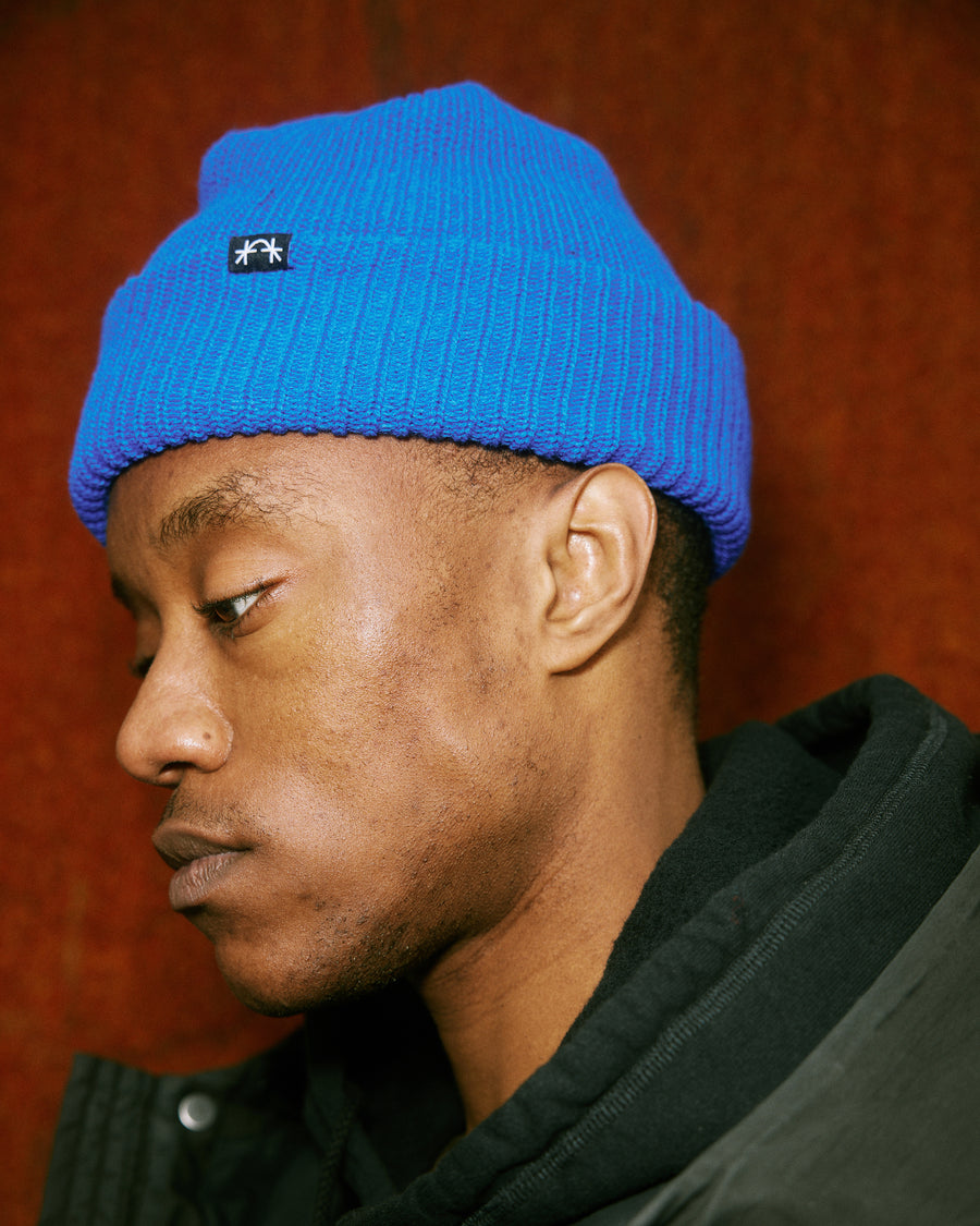 Blue Ribbed Knit Beanie Hat
